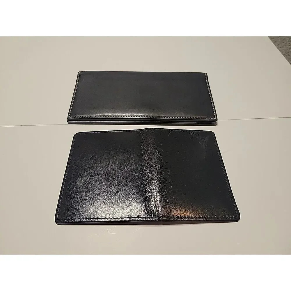 COACH Black Leather Checkbook Holder Wallet Card Case Long Bifold Set